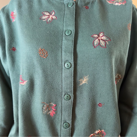 Shenanigans Vintage Fleece Cardigan Petite Embroidered Leaves Cottagecore - Picture 3 of 4